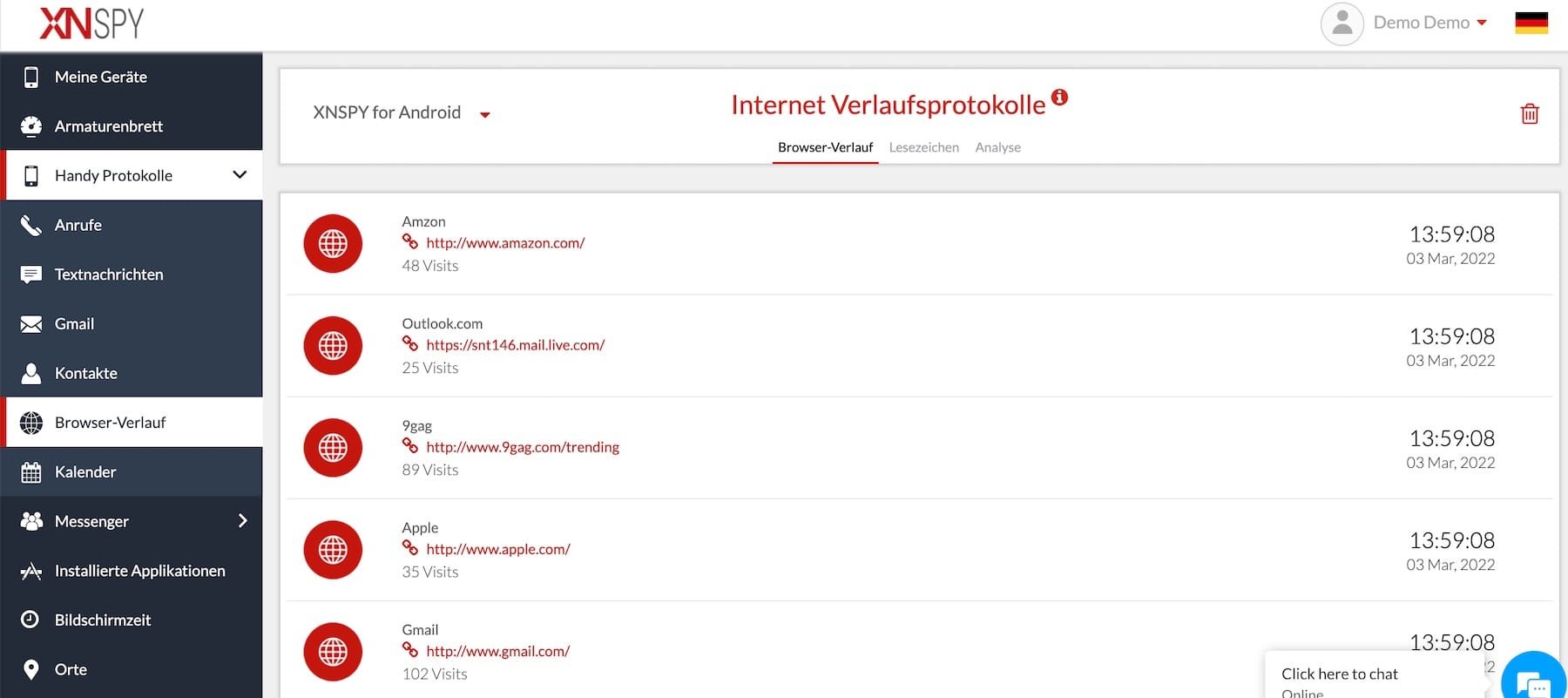 XNSPY Browser-Verlauf